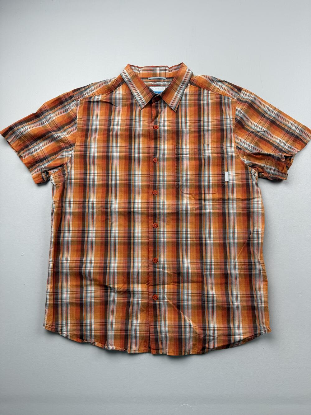 Columbia Shirt Mens Large Orange Plaid Short Sleeve Button Up Omni Shade Outdoor